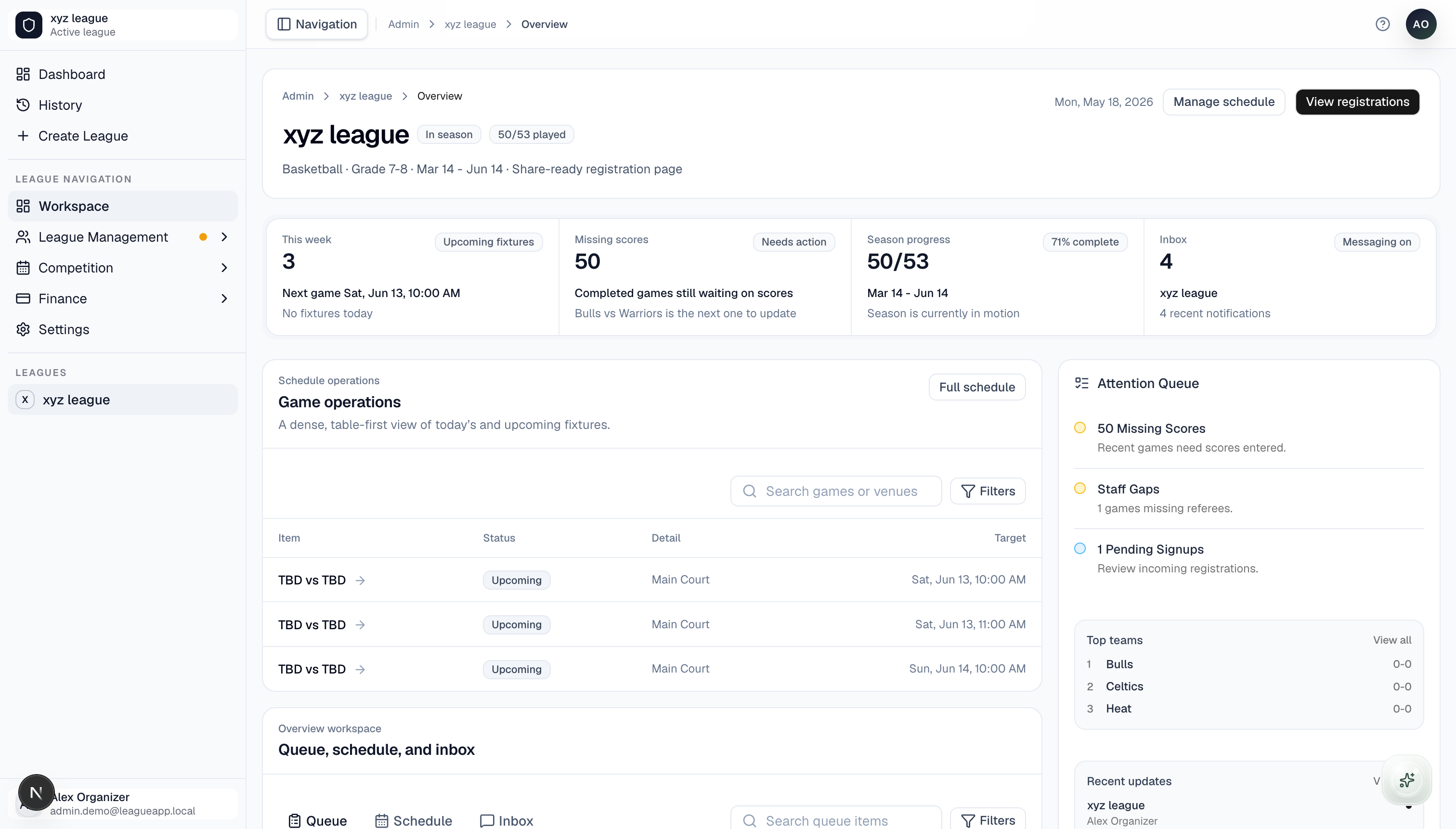 Ledge league dashboard with registrations, teams, schedule, and admin status