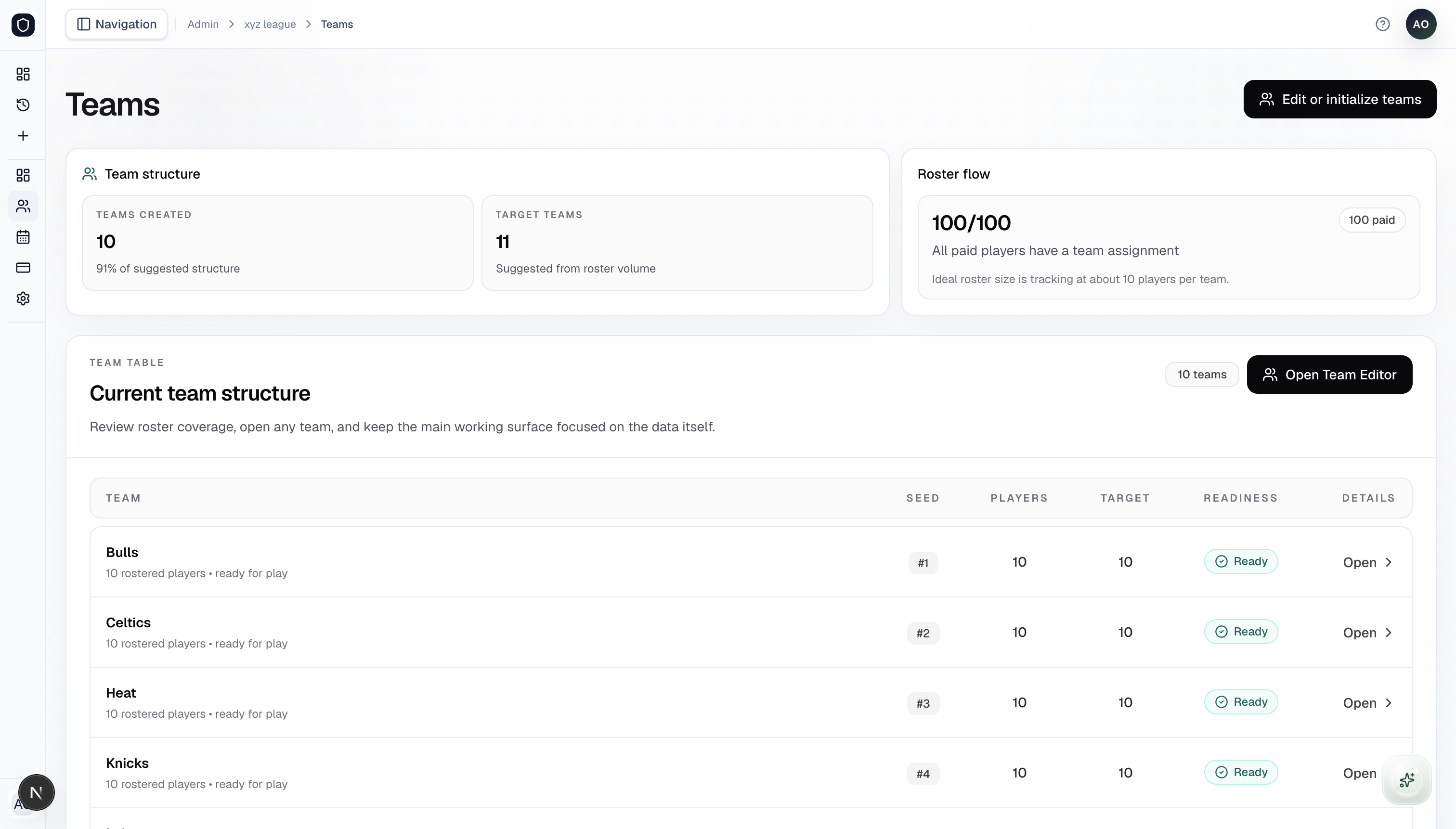 Ledge teams page with roster and team management tools
